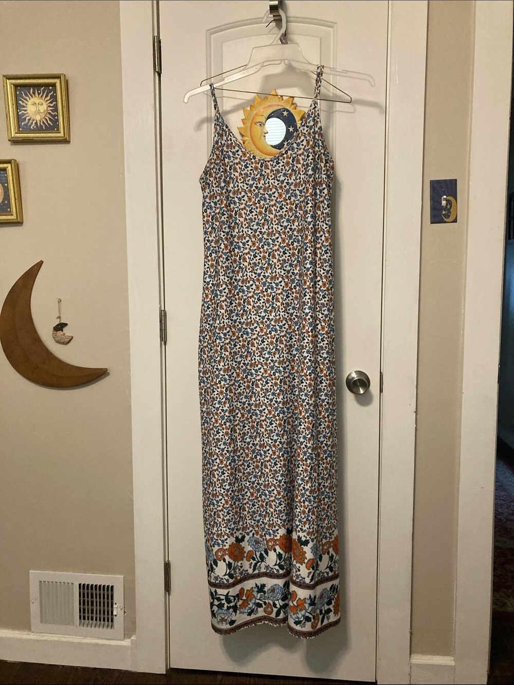 Floral Border Maxi Slip Dress - Blue & Rust